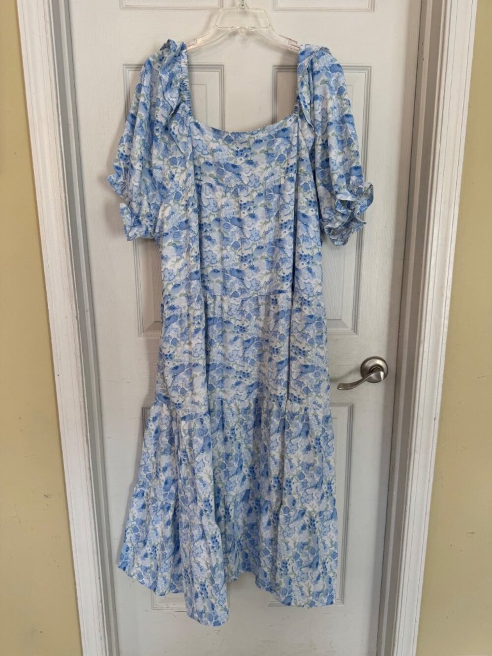 Hayden Blue Floral Dress Midi Ruffle Puffy Balloon Sleeve Watercolor Pocket 2XL - Picture 11 of 13